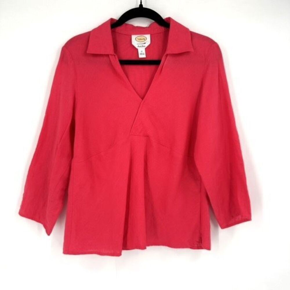Talbots Irish Linen V Neck Pink Split Side Blouse Top Size 12 Surplice Large‎